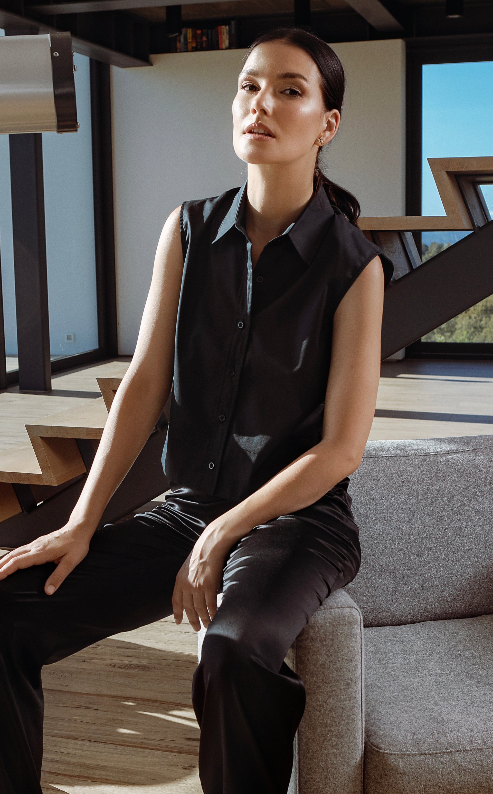 Cropped Cotton Shirt Linnea Black Sleevless