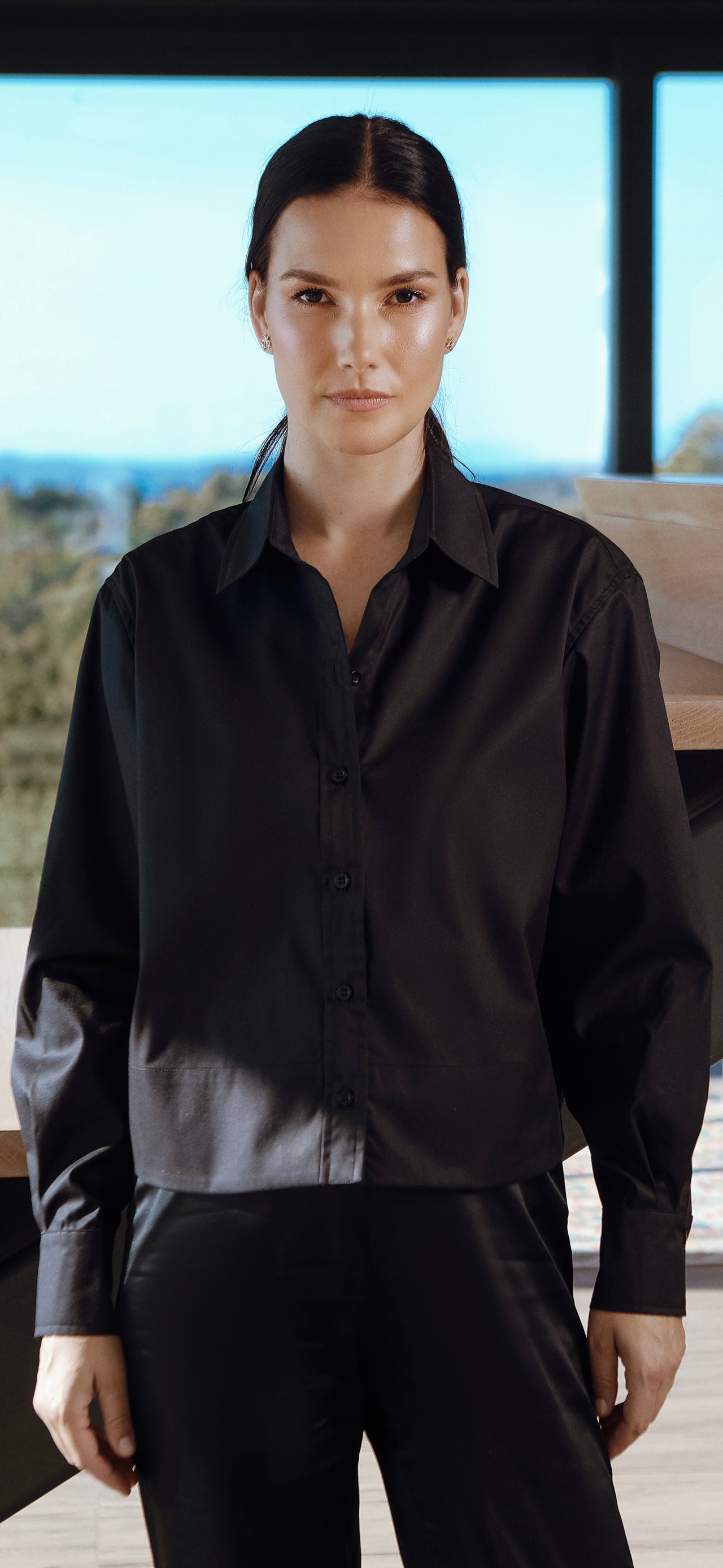 Cropped Oversized Black Cotton Shirt Black