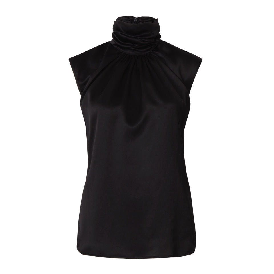 Draped Silk Turtleneck Blouse Black