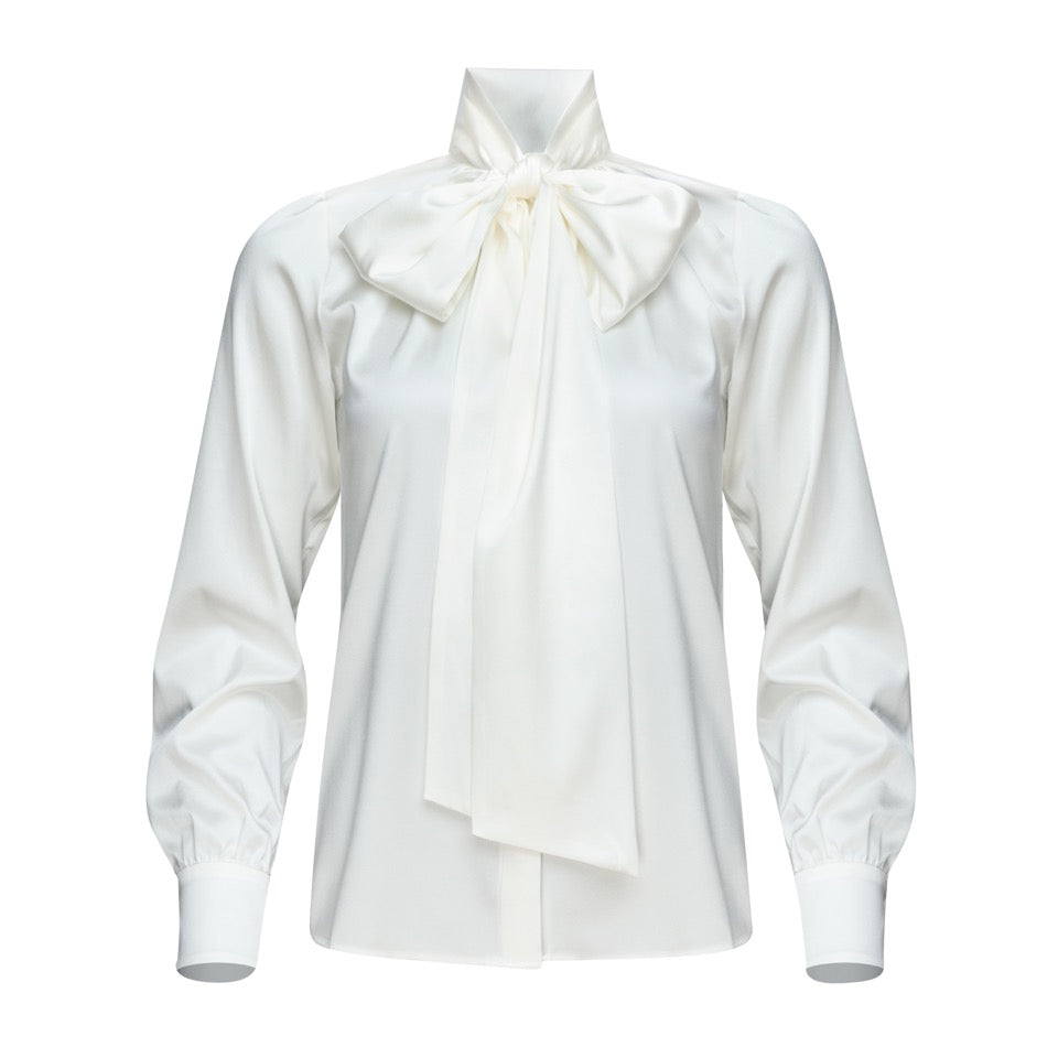 Silk Bow Blouse with Long Sleeves in Ivory