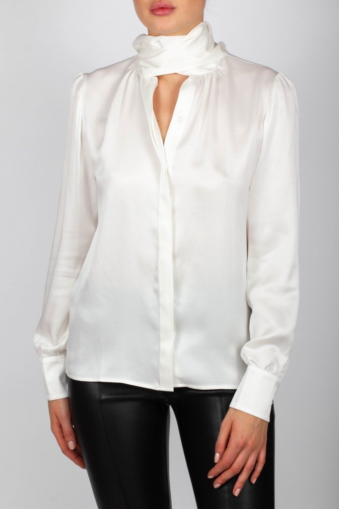Silk Bow Blouse with Long Sleeves in Ivory